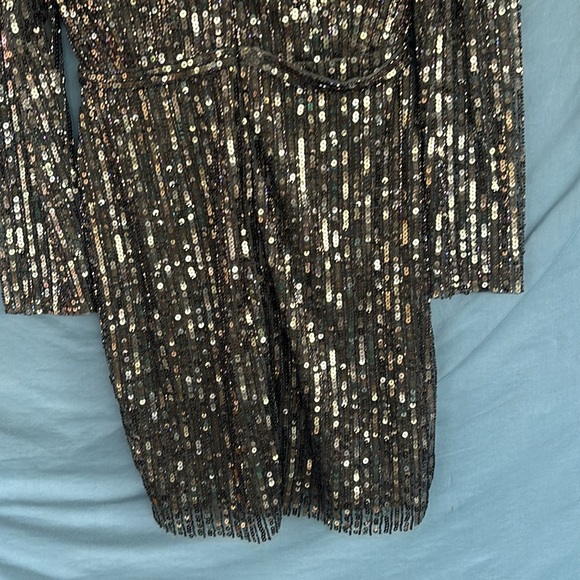 NWOT Mac Duggal LONG SLEEVE SEQUINED MINI DRESS Olive Green Bling Glam Gold - Picture 5 of 9